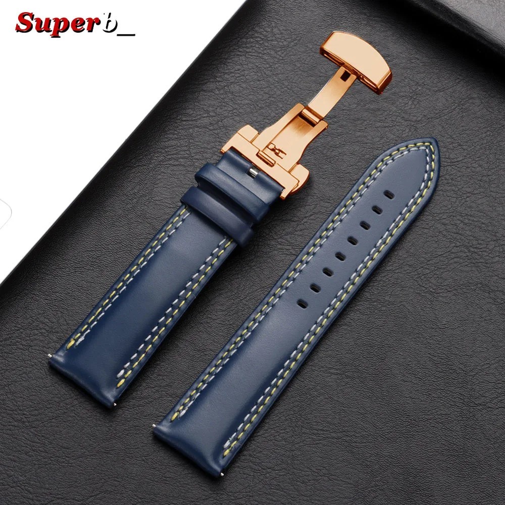 Genuine Calfskin Leather Watch Band 20mm 22mm 24mm Butterfly Buckle Strap