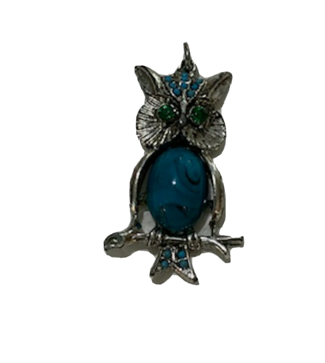 Vintage Silver Tone Faux Turquoise, green rhinestone Owel Pendant Unsigned