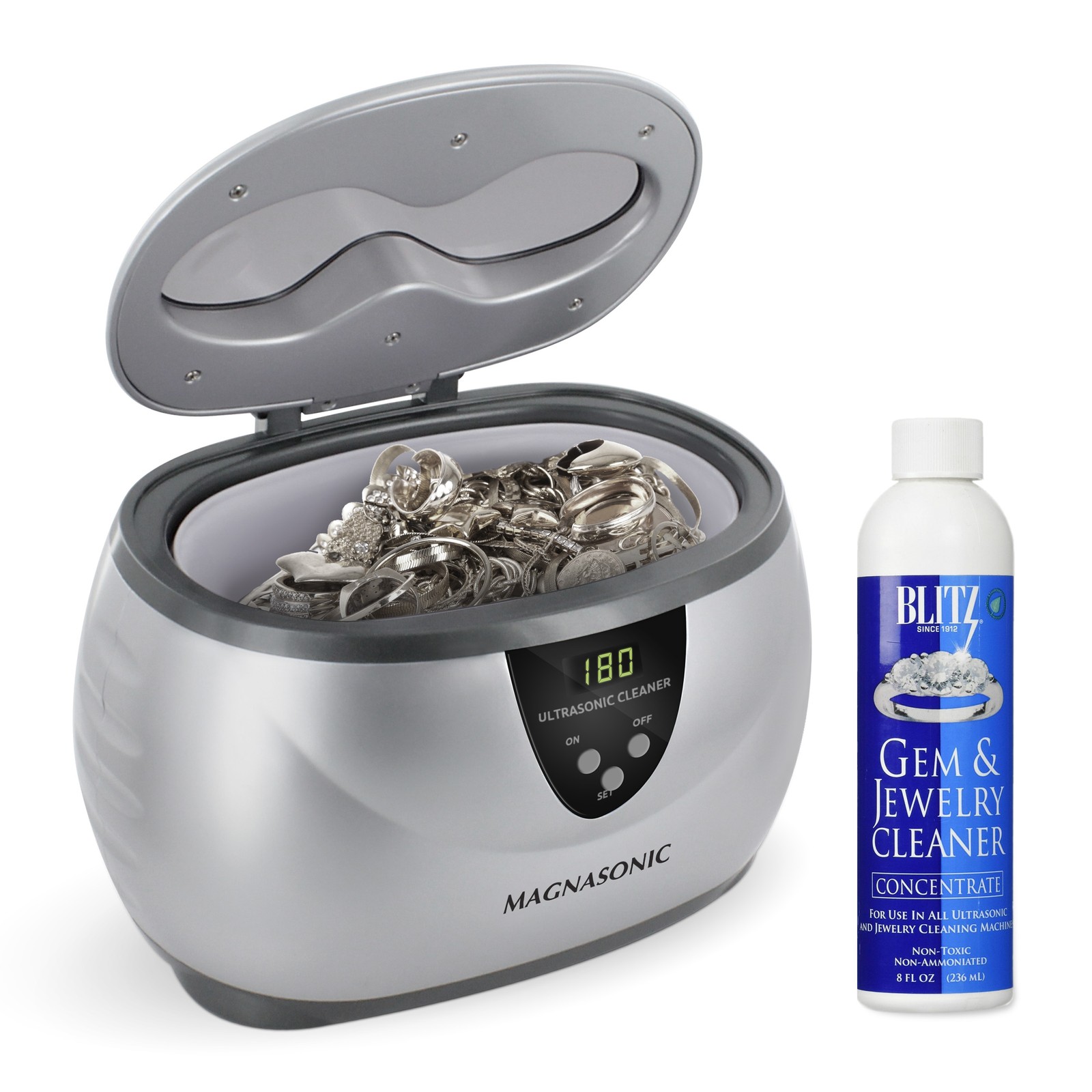 MAGNASONIC Digital Ultrasonic Jewelry Cleaner w/ Gem Jewelry Cleaner Concentrate