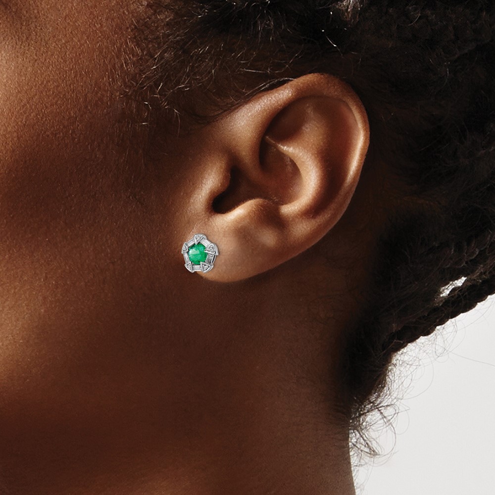 14k White Gold Emerald and Diamond Post Stud Earrings 1.81gm L-8.45 mm