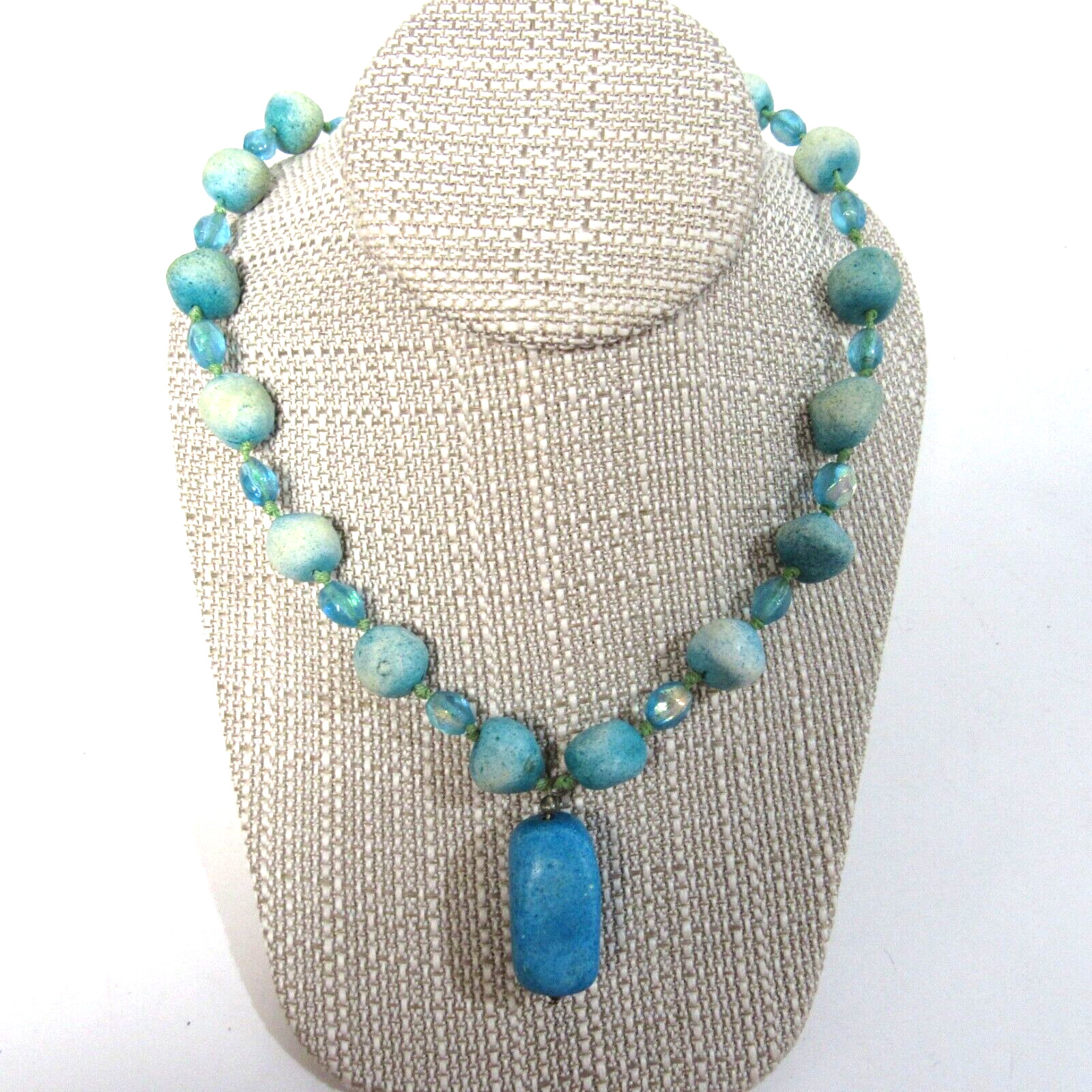 Turquoise Stone & Glass Bead Necklace w large Pendant Variable Length 18″- 21″