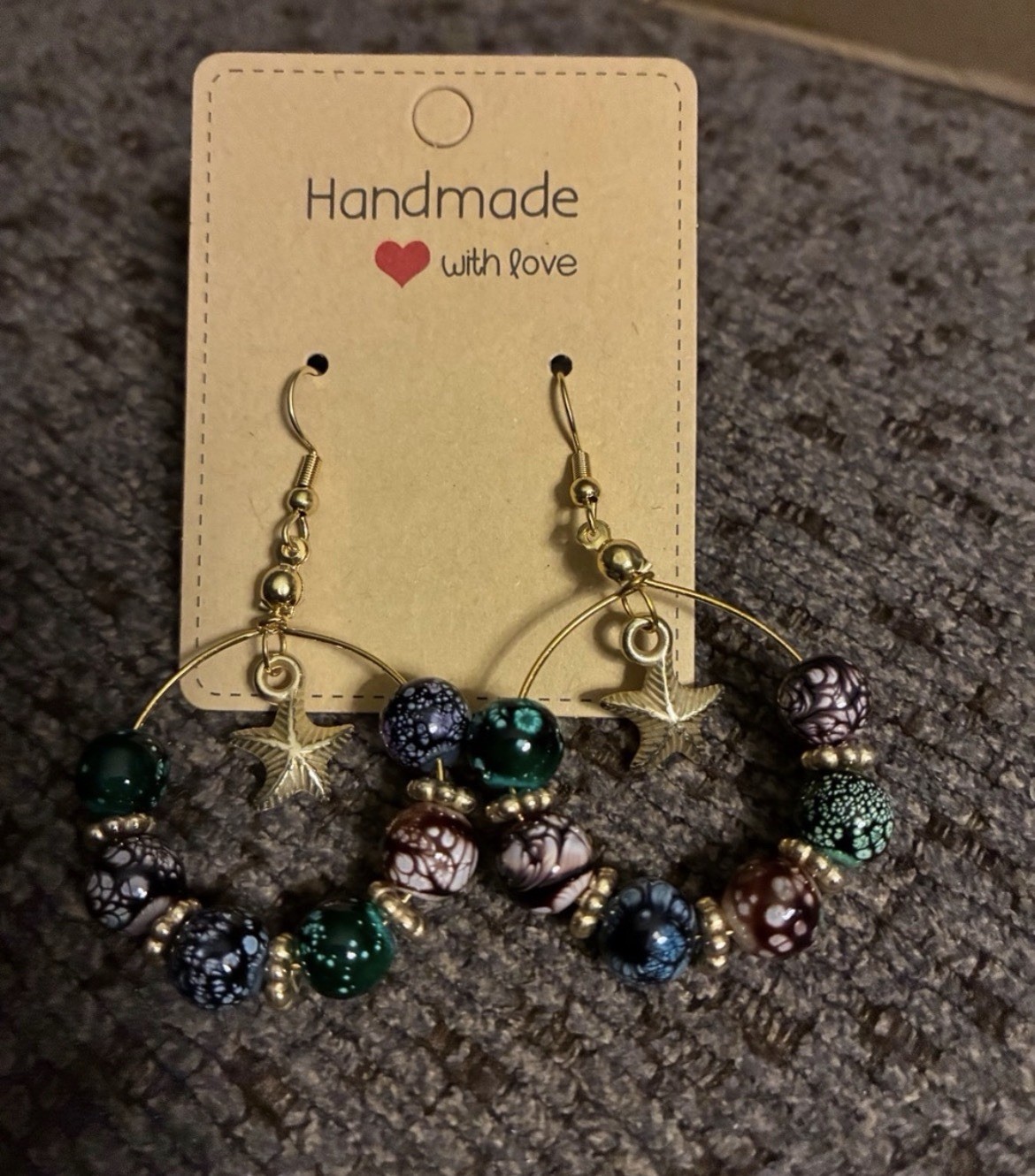 Handmade Gold Hoop Earrings with Multicolor Beads and Star Charm