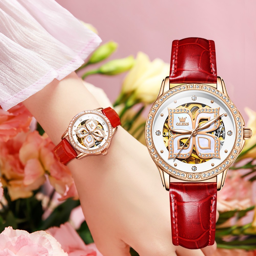OLEVS 6612 Leather Ceramic Fashion Automatic Female Dress Mechanical Wristwatch