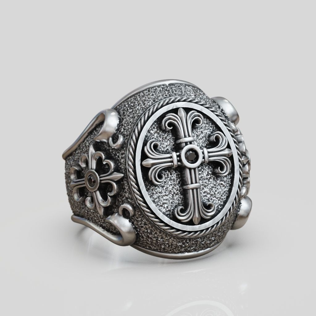 Oxidized Men’s Religious Christianity Cross 925 Sterling Silver Statement Rings