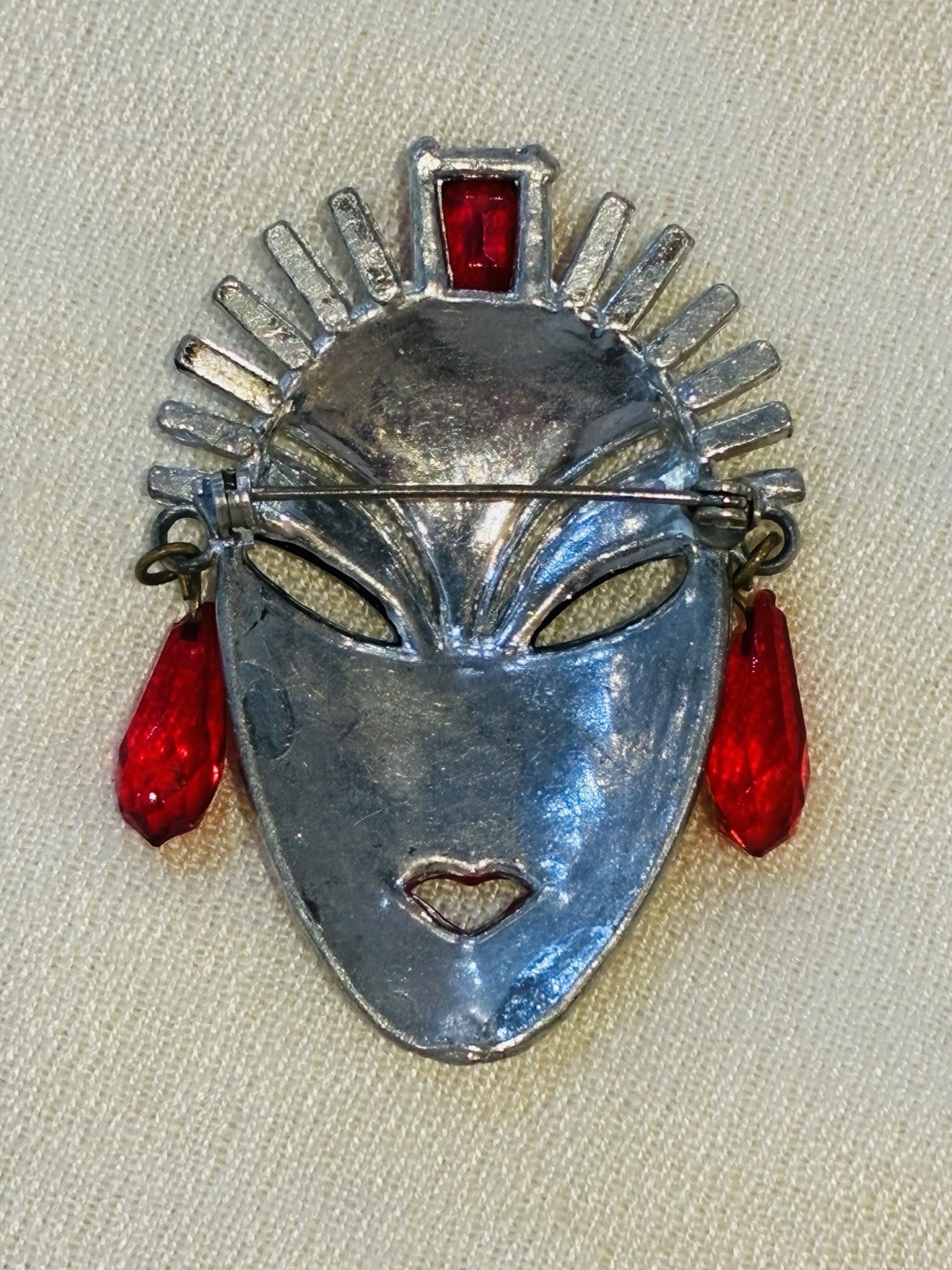 Vintage Reinad Pot Metal Crystal Rhinestone Princess Face Mask Brooch Pin