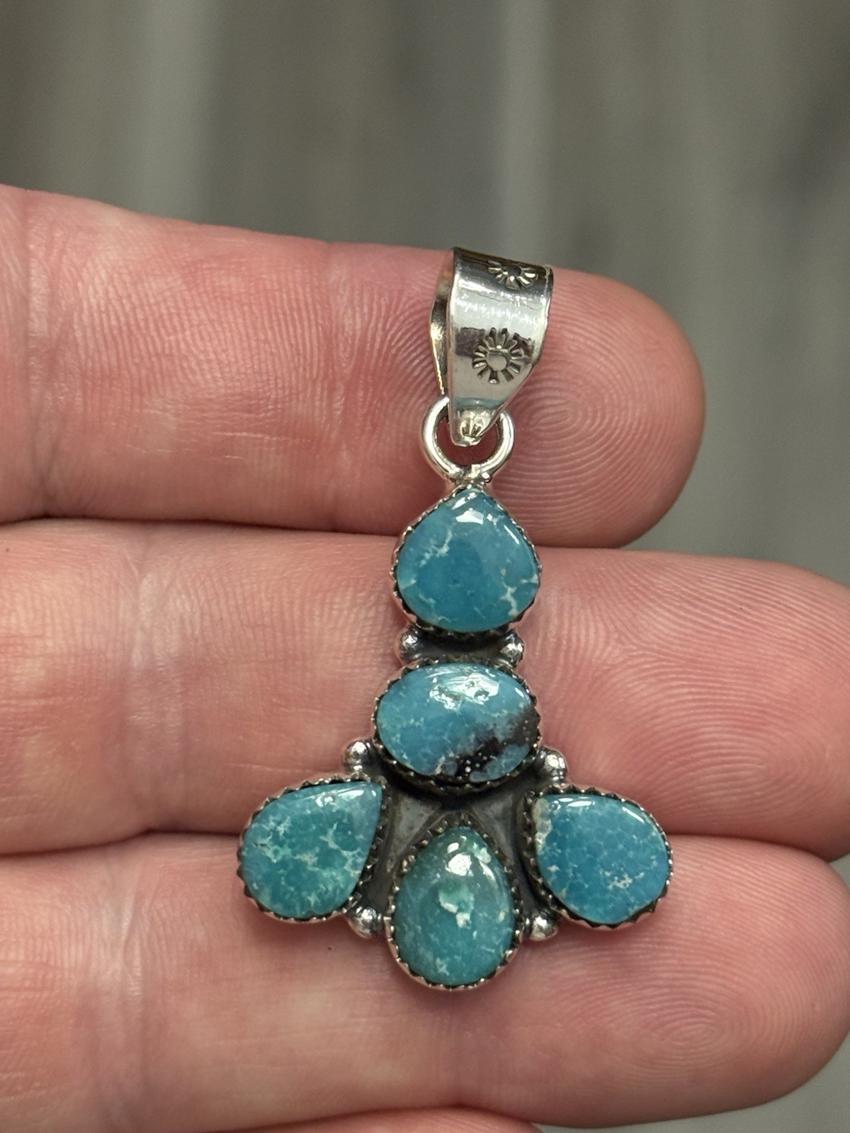 STERLING SILVER WHITE WATER TURQUOISE 5 STONE MIX SHAPE CLUSTER PENDANT .925