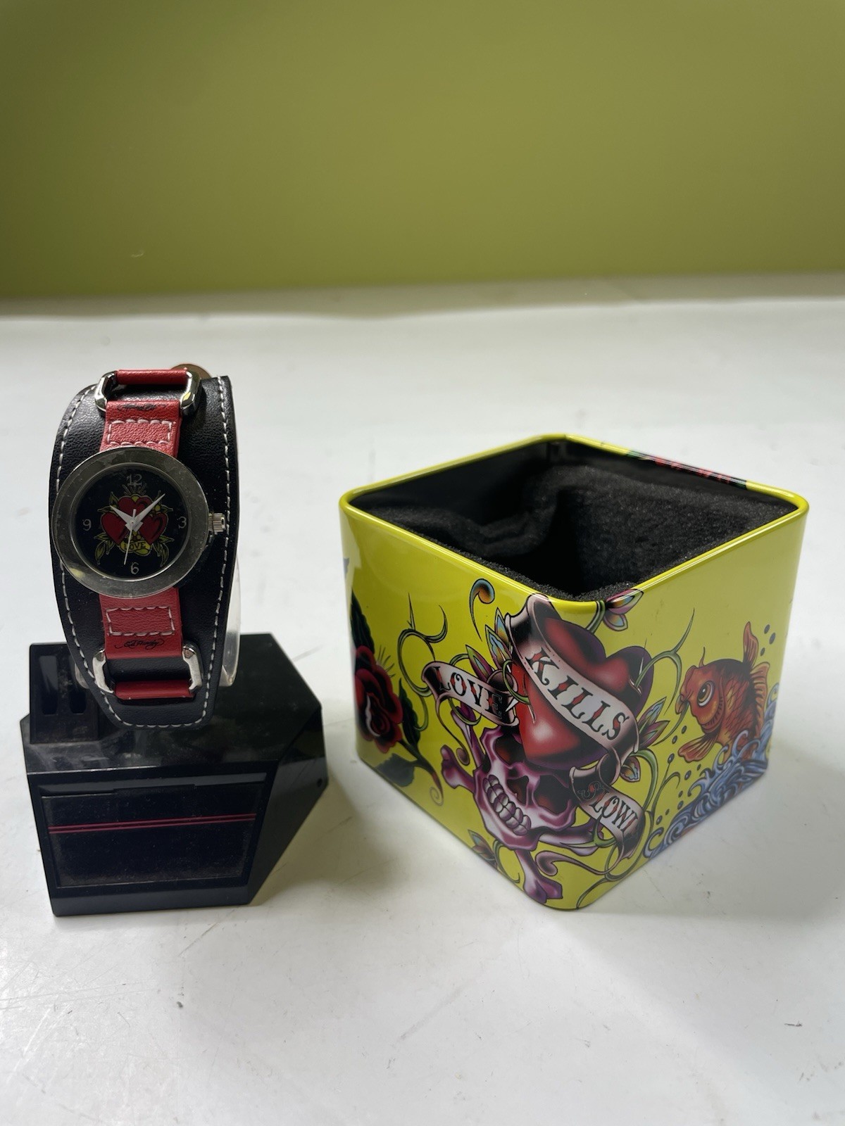 Vintage Y2K Ed Hardy Vintage Watch Leather Red Black Gladiator HT TI 0001 Tick