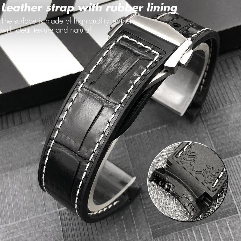 Fits Omega Semaster Planet Ocean 600 Black Leather Strap Rubber Lining Band 21mm