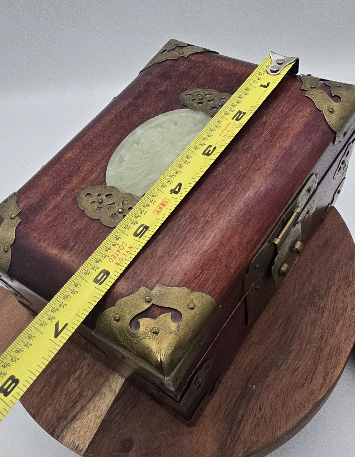 VTG Shanghai – Rosewood Brass Jewelry Box – Carved Jade Medallion Asian * READ
