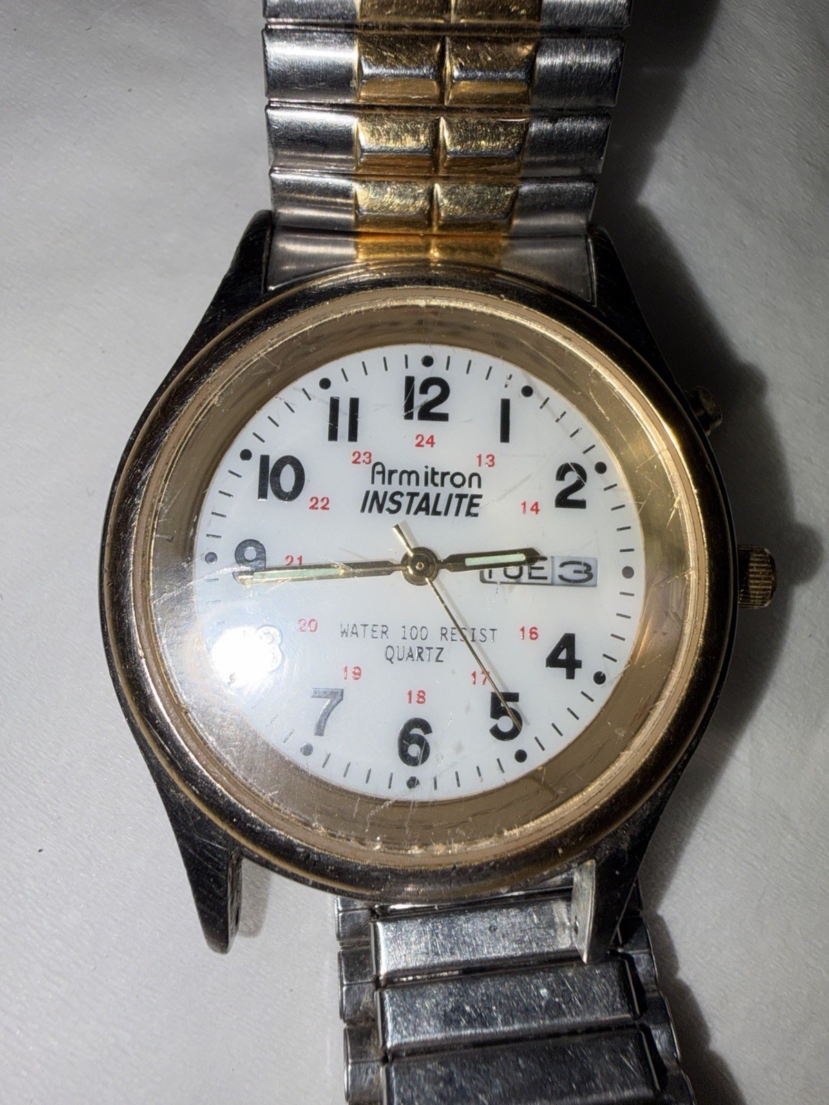 Armitron Instalite Quartz 100ft WR Day/Date White Dial Two-Tone Bracelet