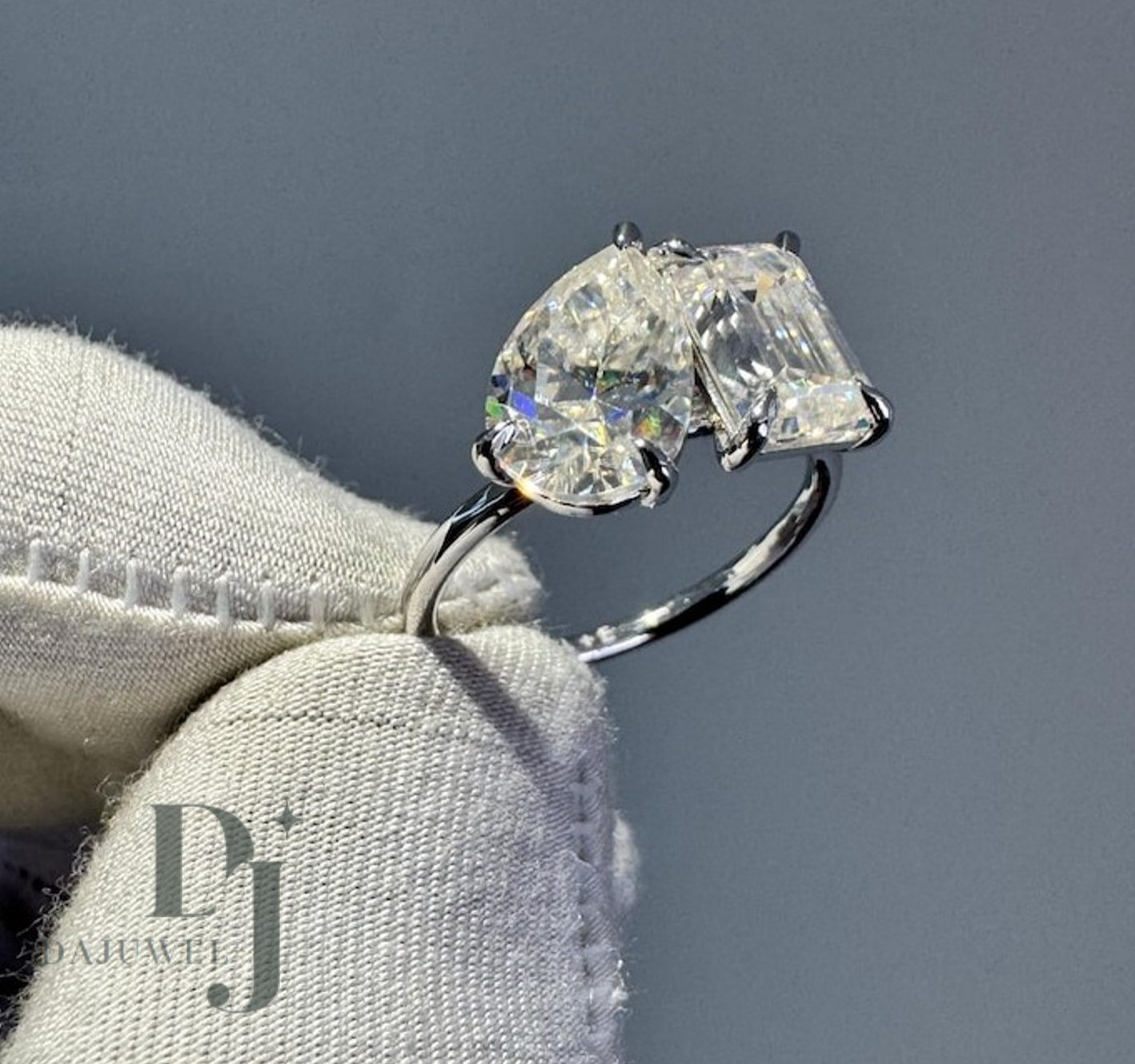 3 CT Pear/Emerald Cut Moissanite Toi Et Moi Engagement Ring Solid 14K White Gold