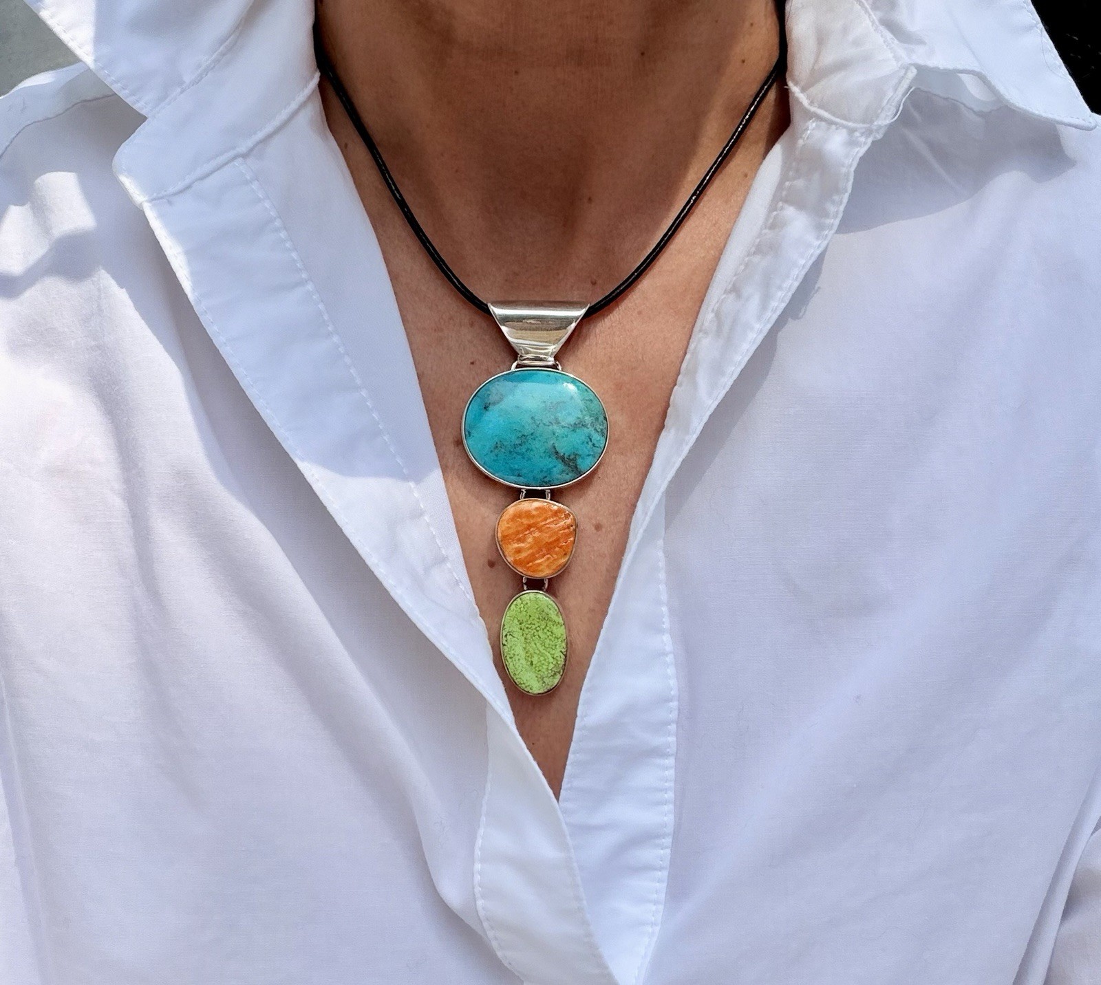 Vintage E&L Native American 925 Turquoise Spiny Oyster & Green Turquoise Pendant