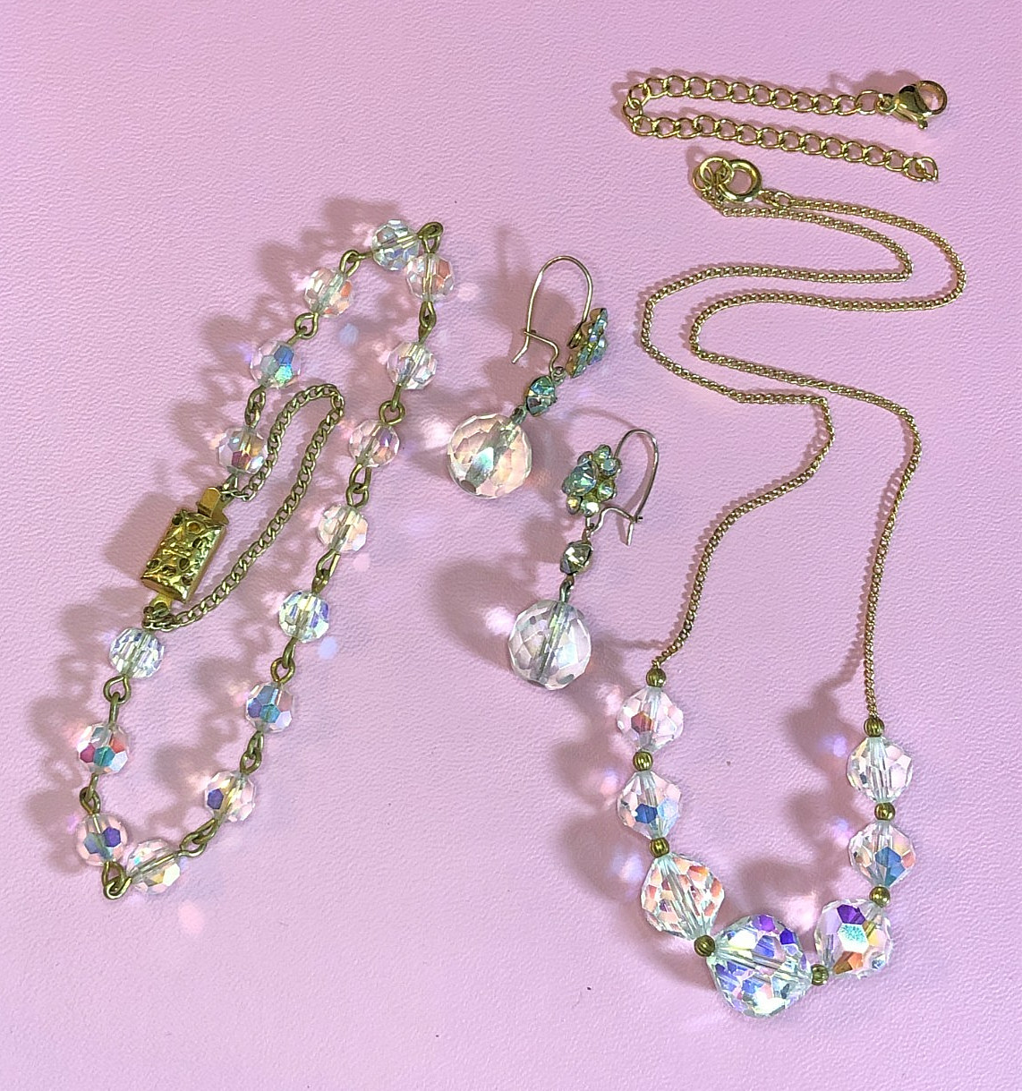 Vintage GOLD AB CRYSTAL BEAD Necklace RHINESTONE Flower Earrings Bracelet SET 41