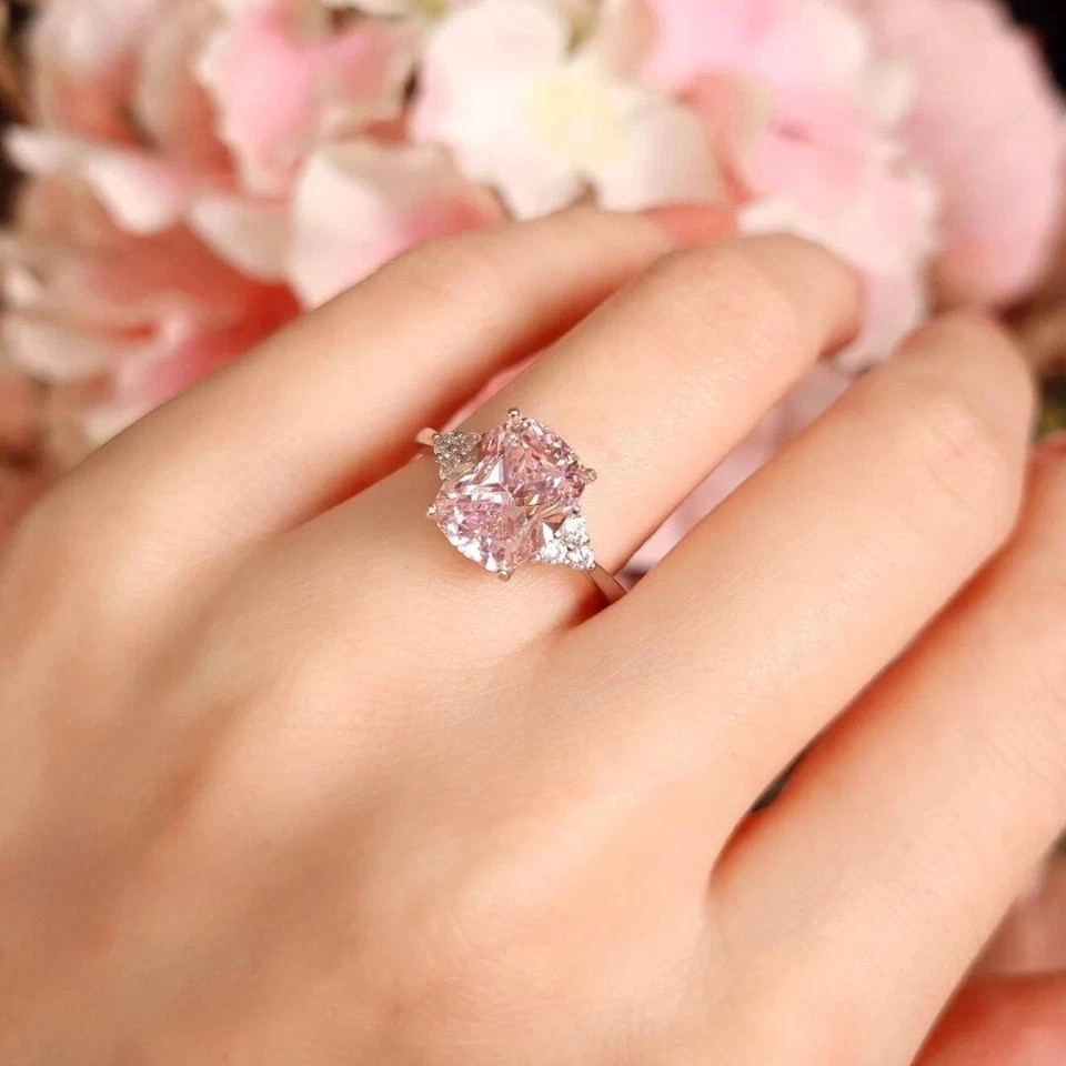 6.30 Ct Cushion Cut Natural Pink Sapphire Diamond Ring 14K White Gold Size 6 7 8