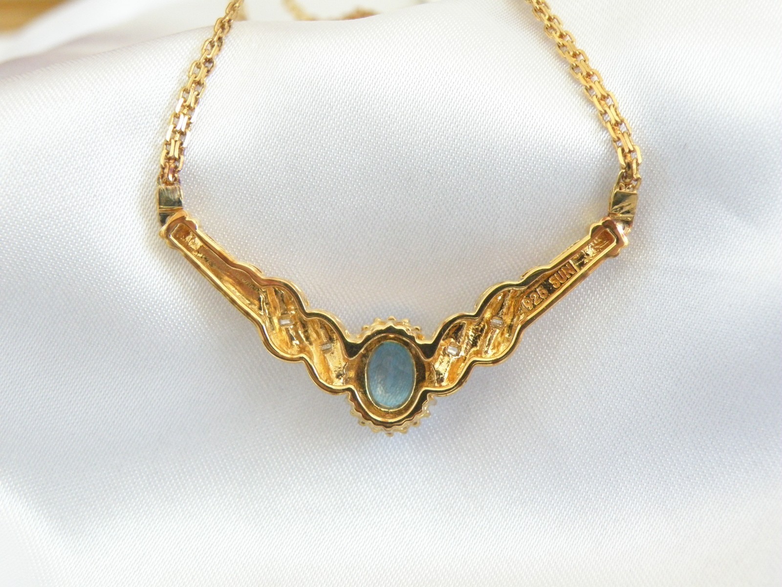 14K Gold on Sterling Silver 925 Natural Heated Blue Topaz Diamond Necklace 18″