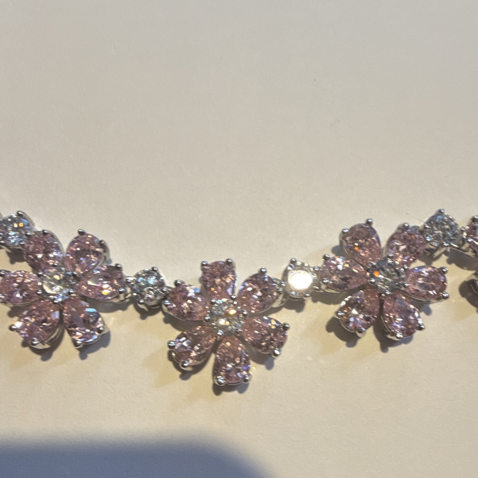 Silver Plated Pink Simulated Crystal Flower Link Necklace Box Clasp