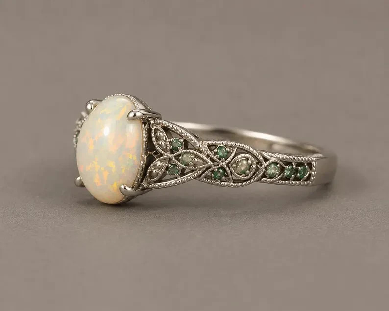 Natural Ethiopian Opal Ring 925 Sterling Silver Vintage Filigree Floral Ring