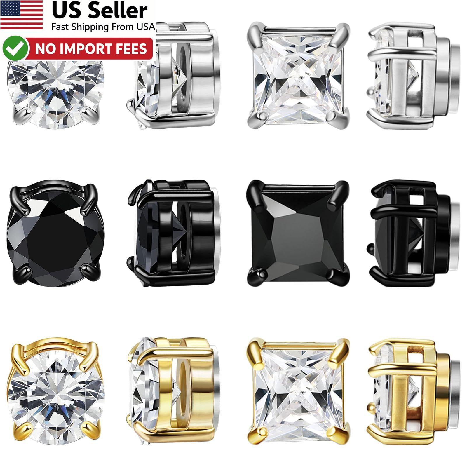 NEWITIN 6 Pairs Stainless Steel Magnetic Stud Earrings for Black Gold Silver