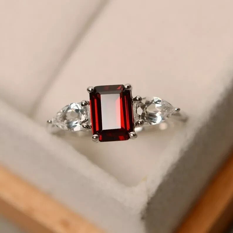 AAA 3.20 Ct Emerald Cut Garnet & Diamond Engagement Ring 14k Solid White Gold