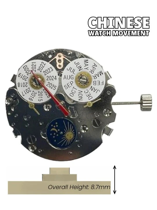 Chinese Watch Movement Automatic Mechanical TY2872 3Hands, 3 EYES, Sun & Moon