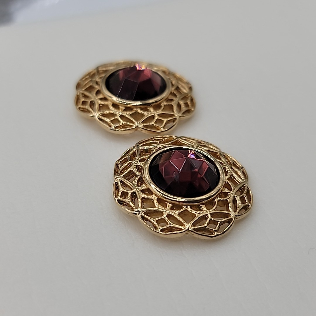 Faux Amethyst Colored Faceted Rhinestone Filigree Round Post Vintage Earrings
