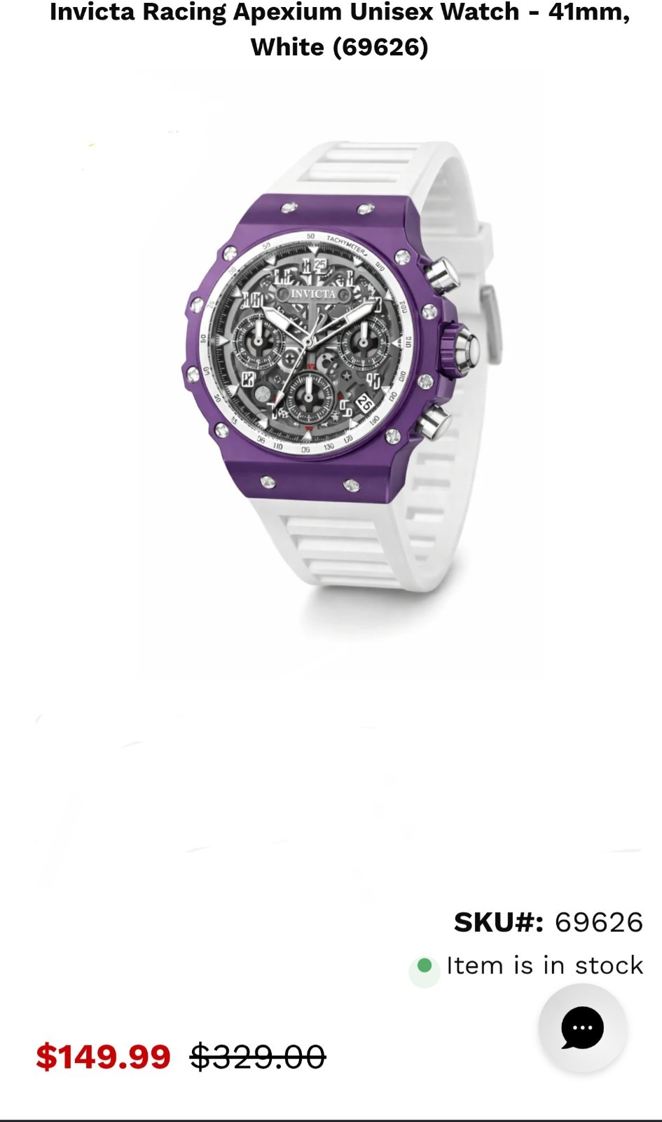 Invicta Sport Chronograph Skeleton Dial Purple Case White Silicone Strap