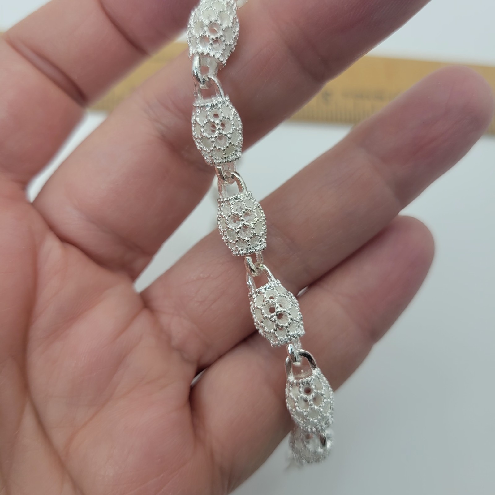 Filigree Oval Bead Link Bracelet Silver Tone Lobster Clasp Adjustable READ
