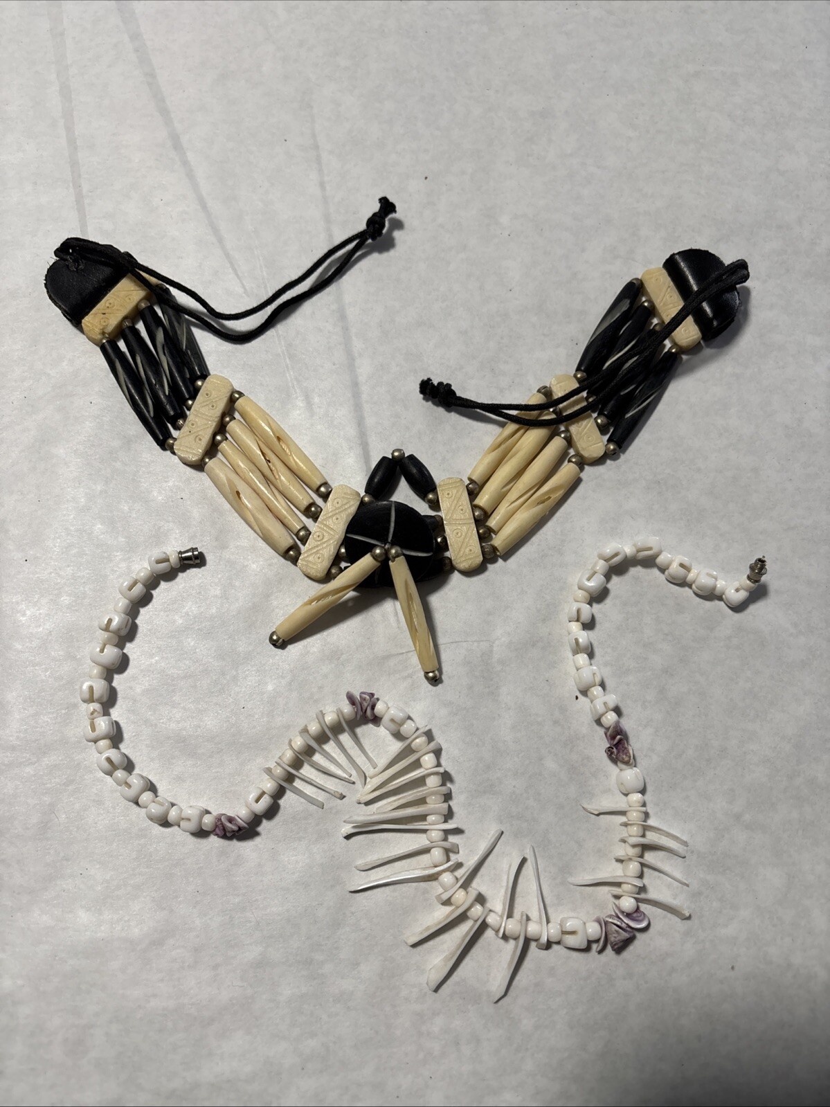 2 Beautiful Necklaces, Puka Shell Spiked & Black & Cream Hairpipe Buffalo Bone