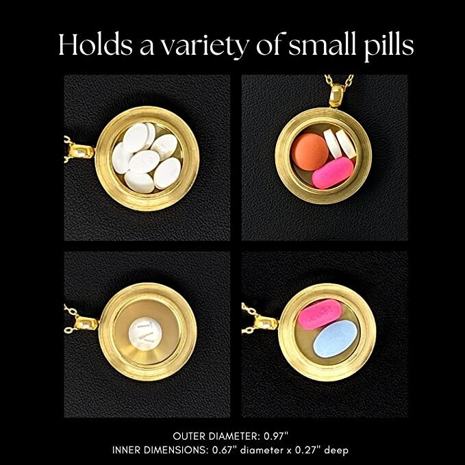 Round Pill Locket Necklace, Secure Waterproof Closure Med Box Jewelry, 26″ Chain