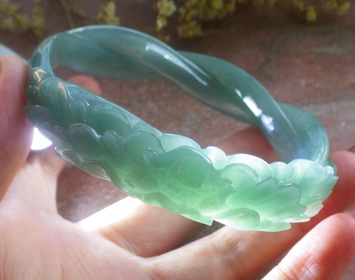 Video Certified Large Green A JADE Jadeite Flower Bangle Bracelet 69mm 200433 AS
