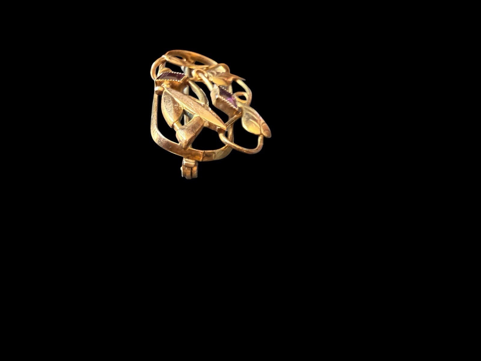 Older Gold Filled Floral Brooch With Purple Stone Accents