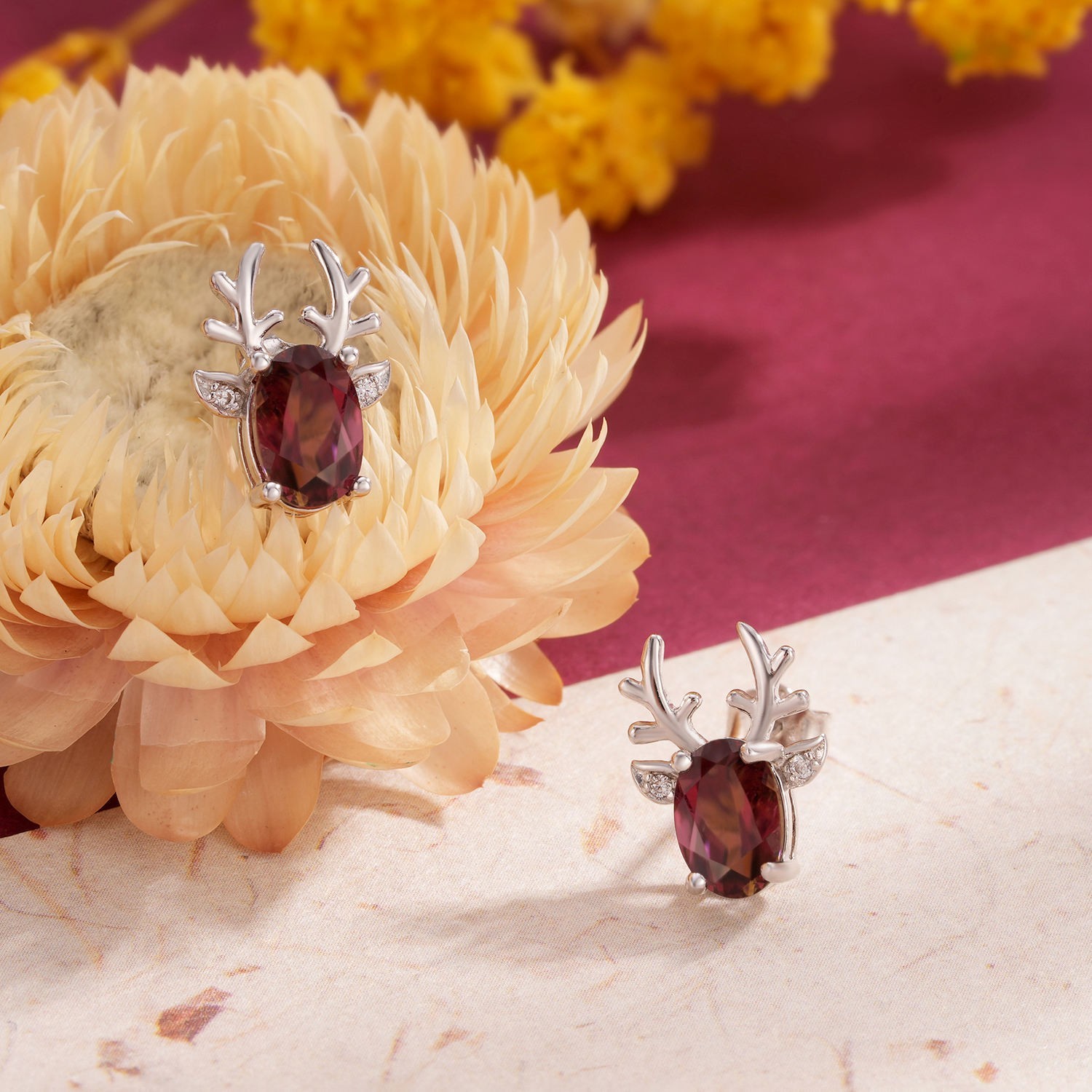 Lab Created 925 Sterling Silver Oval Ruby Deer Stud Earrings Reindeer Women Gift