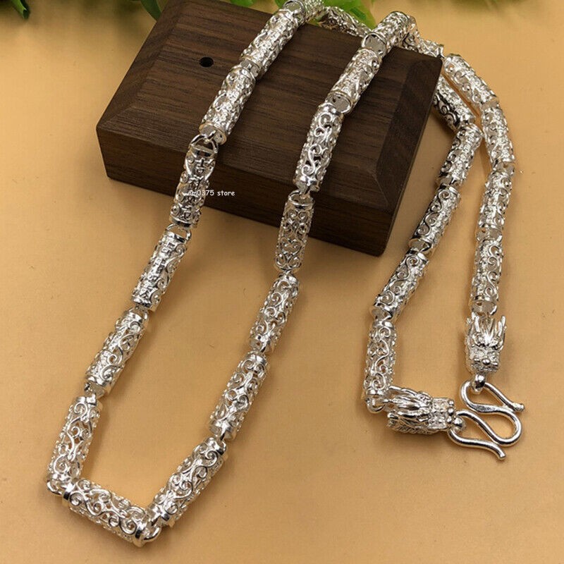 Pure 999 Fine Silver Chain 6mm Dragon Head Propitious Cloud Tube Beaded Necklace