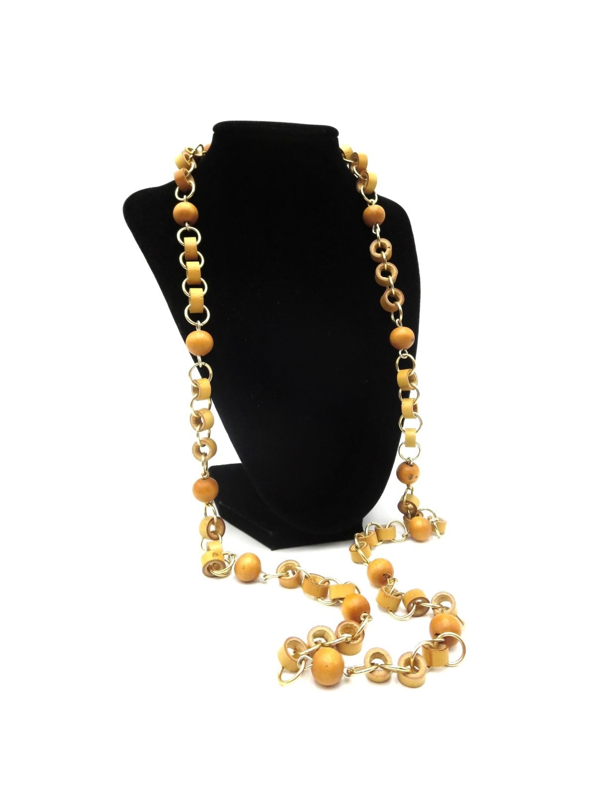 VTG Natural Boho Beige Bamboo & Wood Gold Tone 40″ Beaded Necklace Single Strand