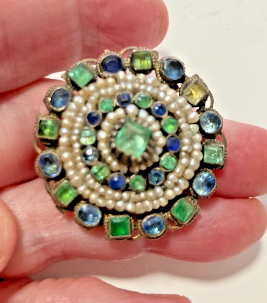 Silver Antique Austro Hungarian Brooch w Real Emeralds & Seed Pearls BIN