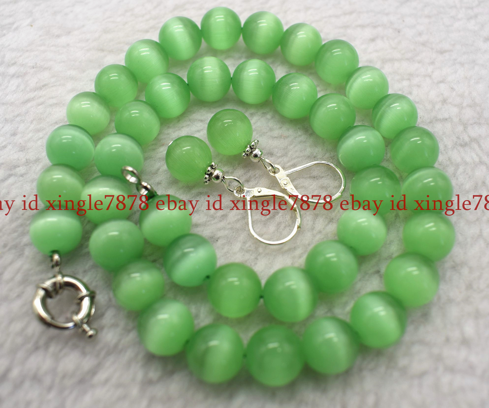 6/8/10mm Natural Light Green Opal Cat’s Eye Round Gems Necklace Earrings Set 20″