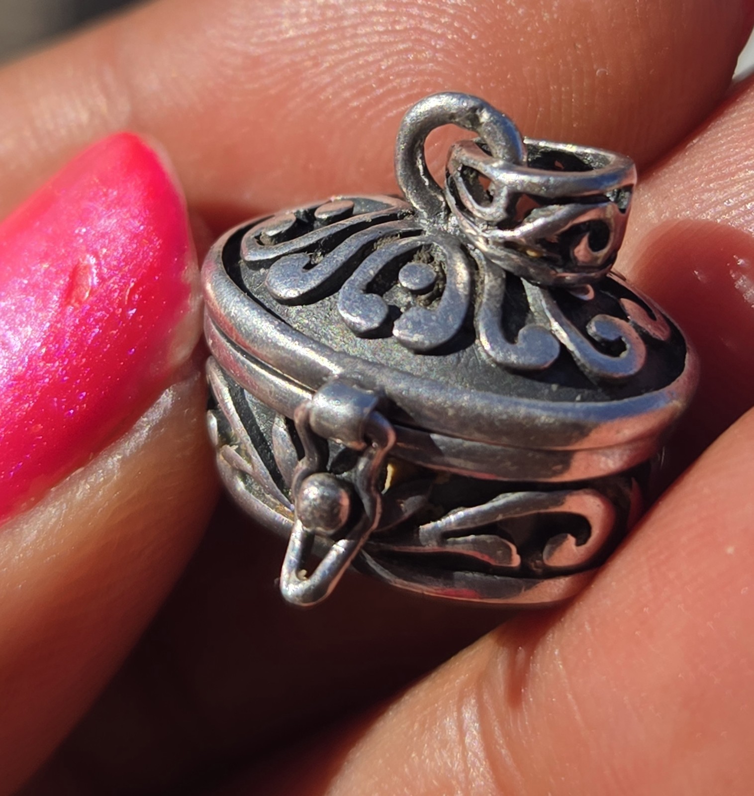 Sterling Silver Signed 925 HS Oval Prayer Box Pill Box Locket Necklace Pendant
