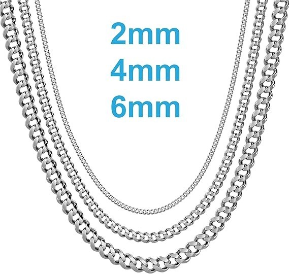 4mm CUBAN Link Silver Chain Necklace – Mens Stainless Steel Diamond-Cu