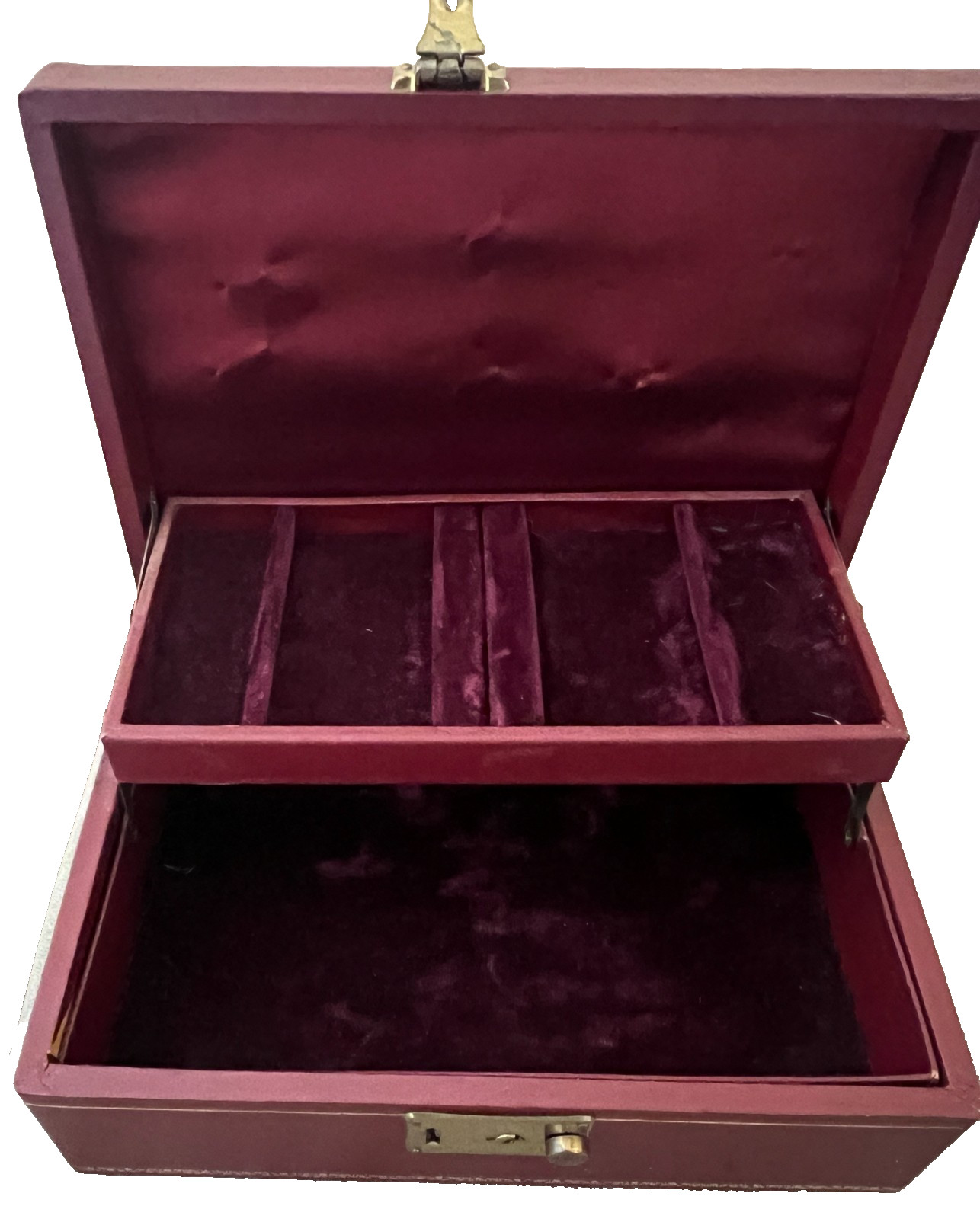 Vintage Mele jewelry box features burgundy leatherette