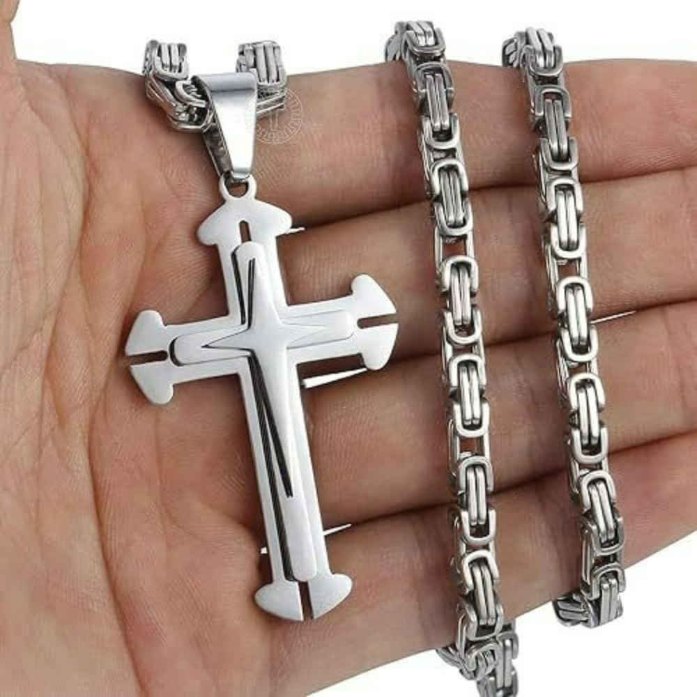 Men’s Heavy Solid Christian Cross Pendant Necklace Three Layer Stainless Steel