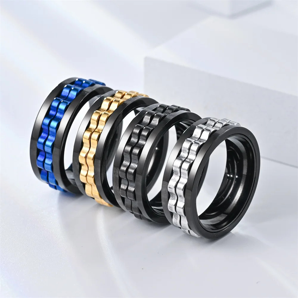 Anti Stress Stainless Steel Ring For Men Gear Chain Rotating Spinning Fidget Rin