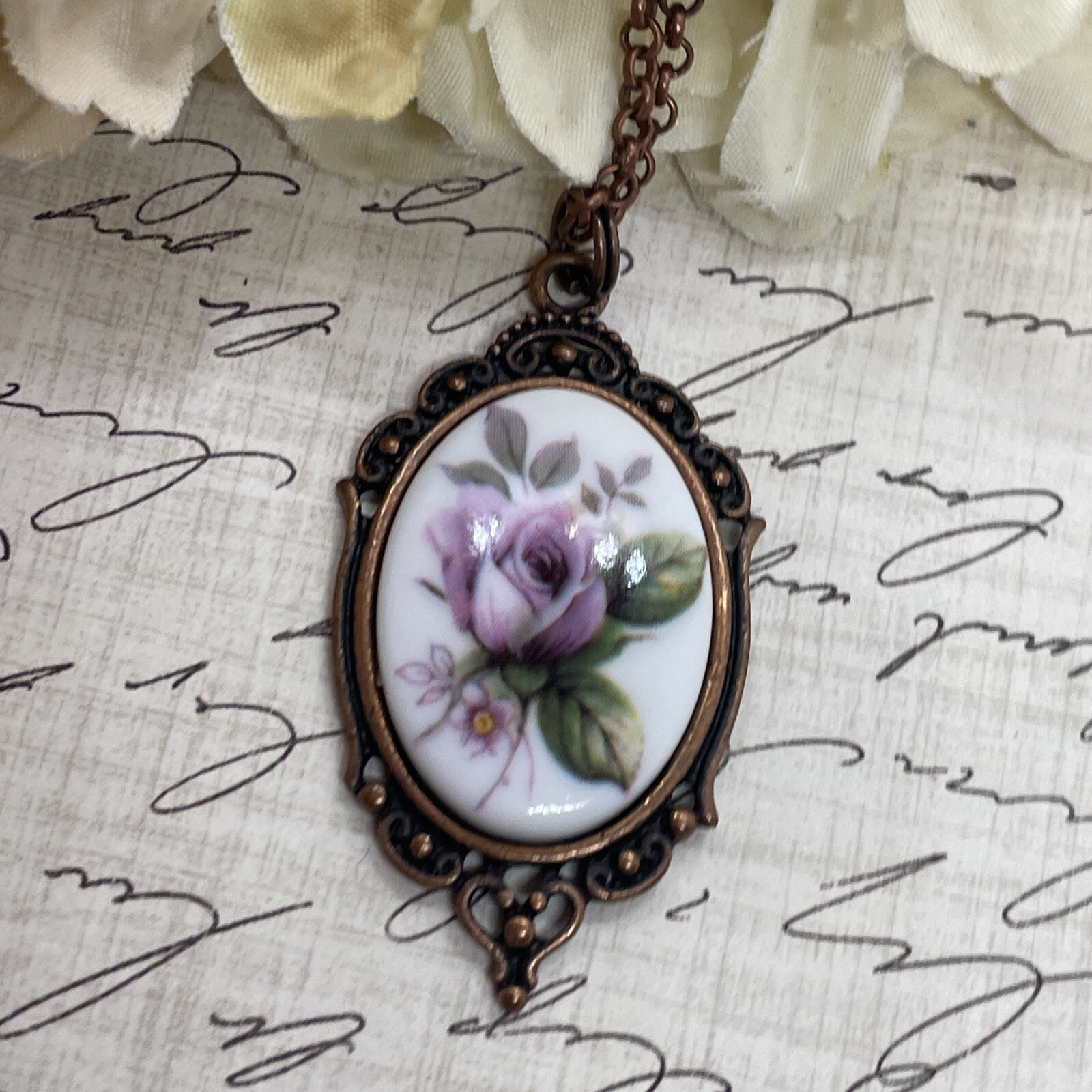 Mauve Rose Copper Heart Frame Necklace Pendant Mom Daughter Gift Wife Lilac