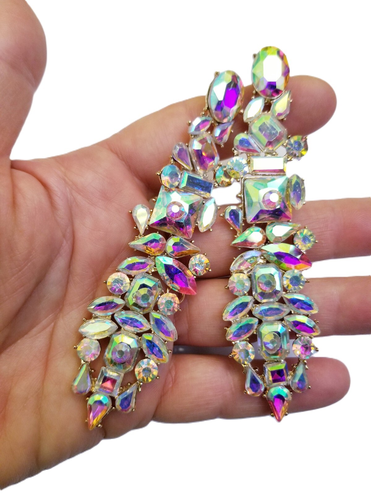 AB Drop Earrings, Bridesmaid Rhinestone Earrings, 4.2 Inch Pageant Jewelry
