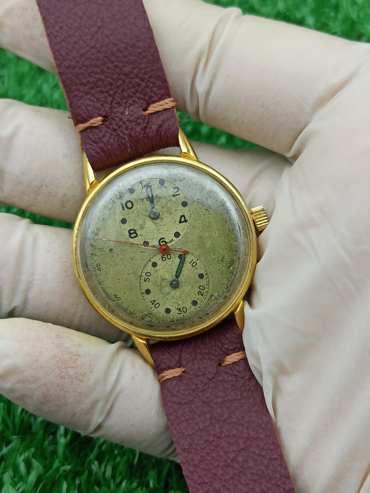Vintage TELL Swiss Doctors Watch Duo Dial Manual Wind 1940s Gold Plated RUNNING