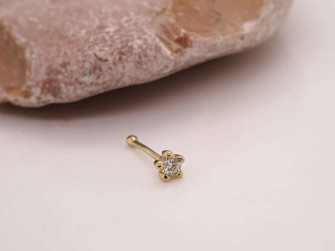 0.05 Ct Round Cut Lab Grown Diamond Nose Piercing Stud Pin 14K Yellow Gold