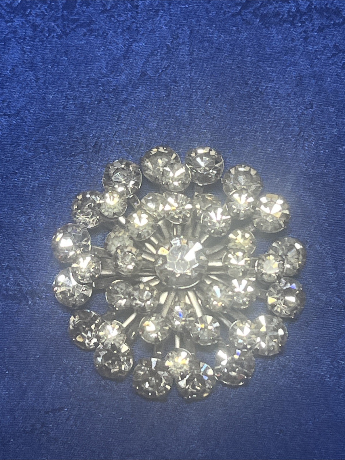 Vintage Rhinestone Brooch Prong Set Layered Silver Tone 1 5/8 Hi End