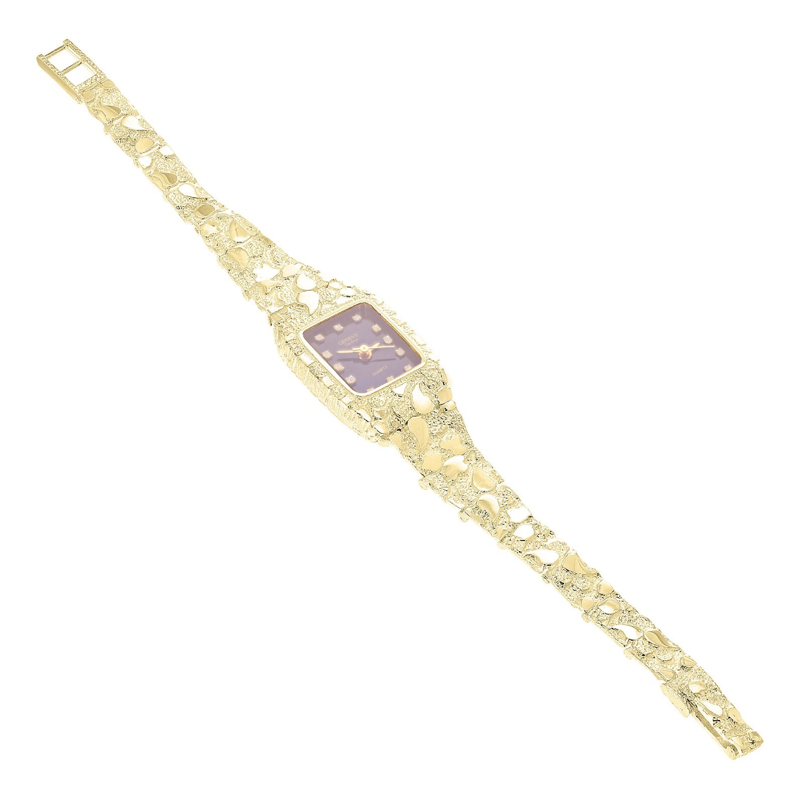 Women’s 10k Yellow Gold Nugget Band Wrist Watch Geneve with Diamonds 8-8.5″ 30g