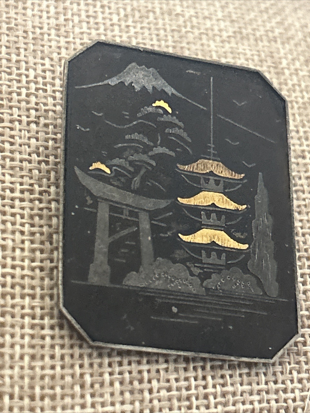 VTG Japanese Damascene 24K Gold Silver Inlay Brooch Mt Fuji Pagoda BROOCH PIN
