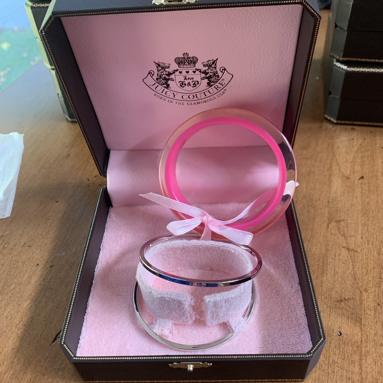 Retro Juicy Couture Pam & Gela Pink and Silver Thick Bangle Bracelets