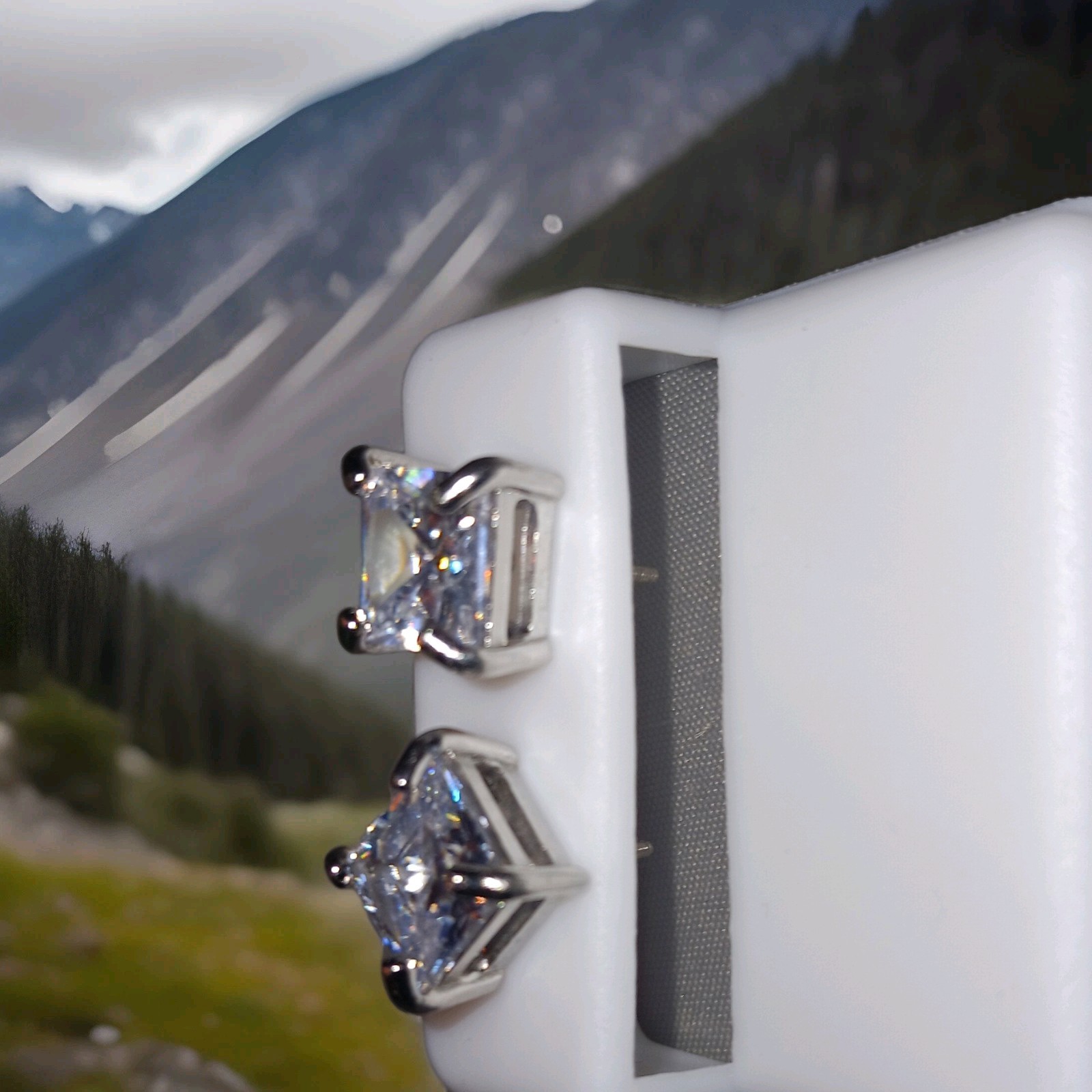 Square Princes Cut Clear Moissanite Stud Earrings Sterling Silver Tone Butterfly
